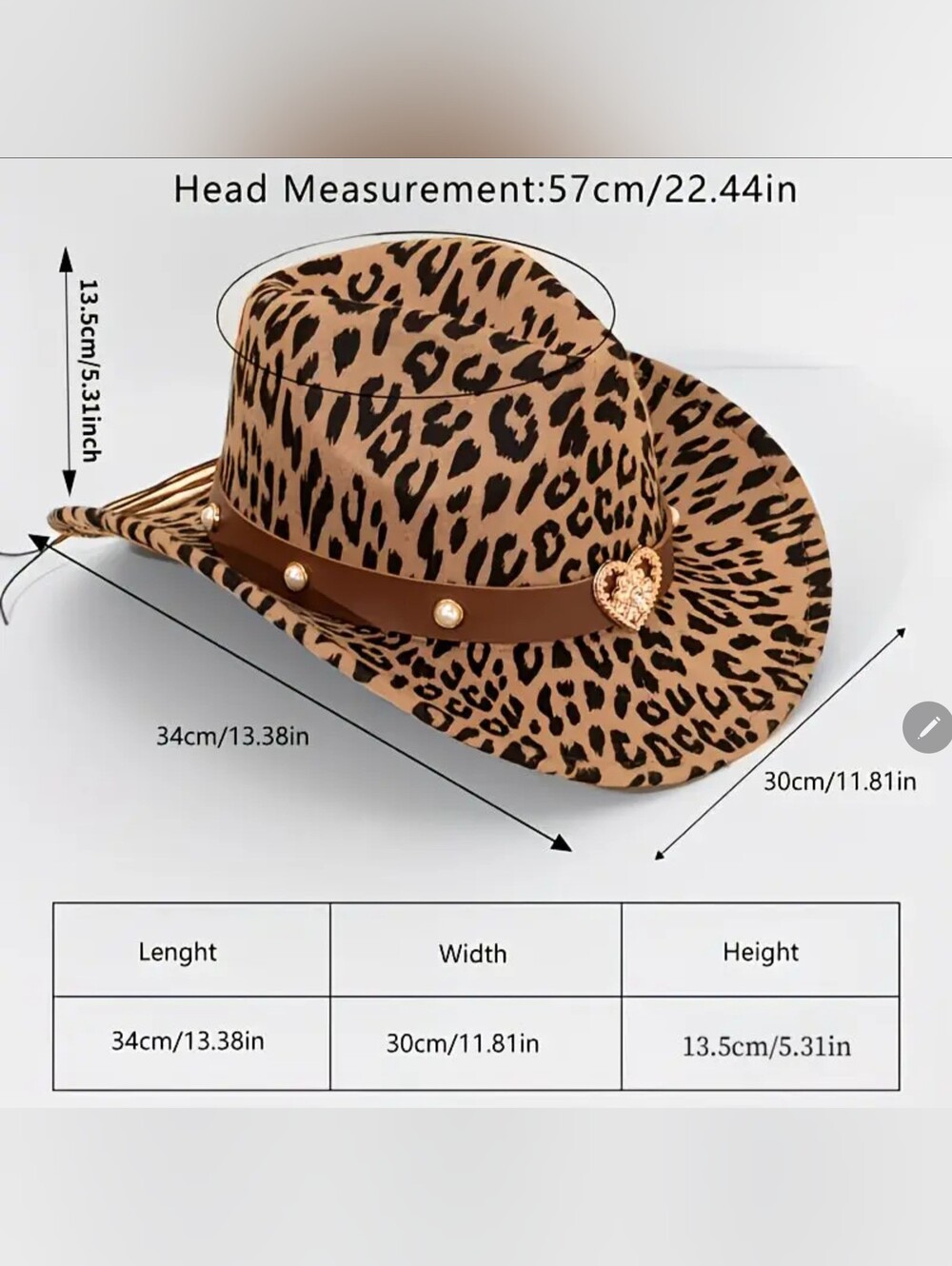Leopard Print Cowboy Hat with Brown Studded Band and Heart Accent - Picture 4 of 6